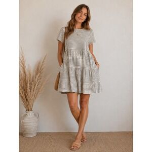 NEW LOFT Tiered Dress Small White Black‎ Striped Short Sleeve Seersucker Pocket